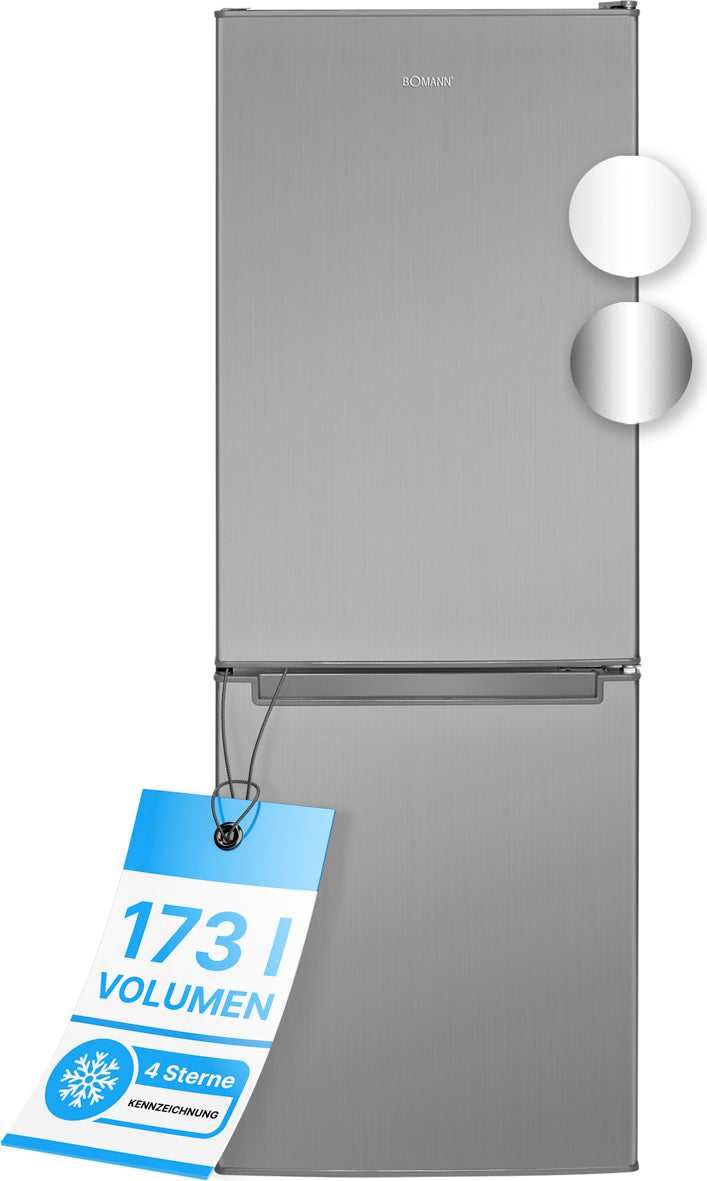 Bomann Kühlschrank mit Gefrierfach 143cm hoch | Kühl Gefrierkombination 173L mit 3 Ablagen & 3 Schubladen | Türanschlag wechselbar | leise Kühlgefrierkombi 40db | Kühlschrank KG 7331 inox