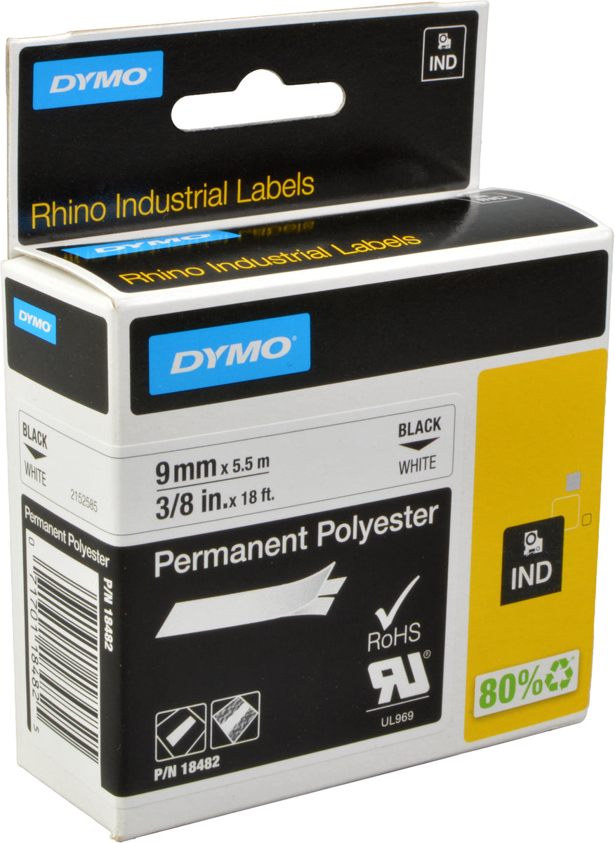 DYMO Rhino Industrie Permanente Polyesteretiketten | 9 mm x 5,5 m | Schwarz auf Weiß | selbstklebendes Schriftband | für Rhino und LabelManager Beschriftungsgerät, Schwarz auf weiss, Mehrfarbig, Polyester, -40 - 150 °C, UL 969, DYMO
