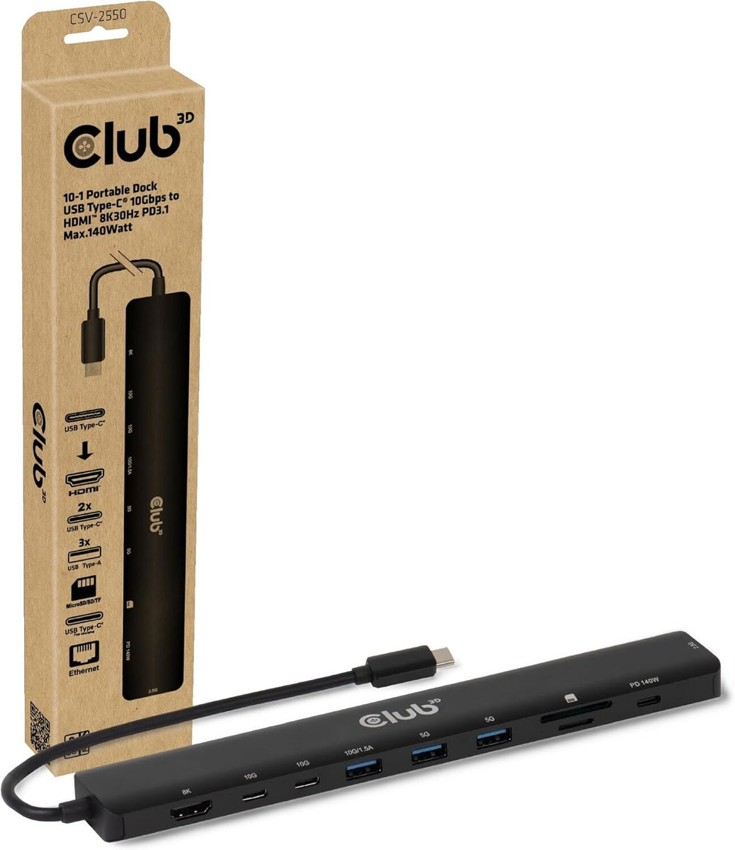 CLUB3D CSV-2550, Kabelgebunden, USB Typ-C, 140 W, 10,100,1000,2500 Mbit/s, Schwarz, MicroSD (TransFlash), SD
