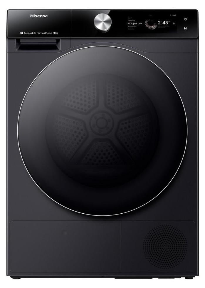 Hisense 7S Freistehender Wäschetrockner mit Wärmepumpe, 10 kg, Freistehend, Frontlader, Wärmepumpe, Schwarz, Tasten, Drehregler, Touchsteuerung, Rechts