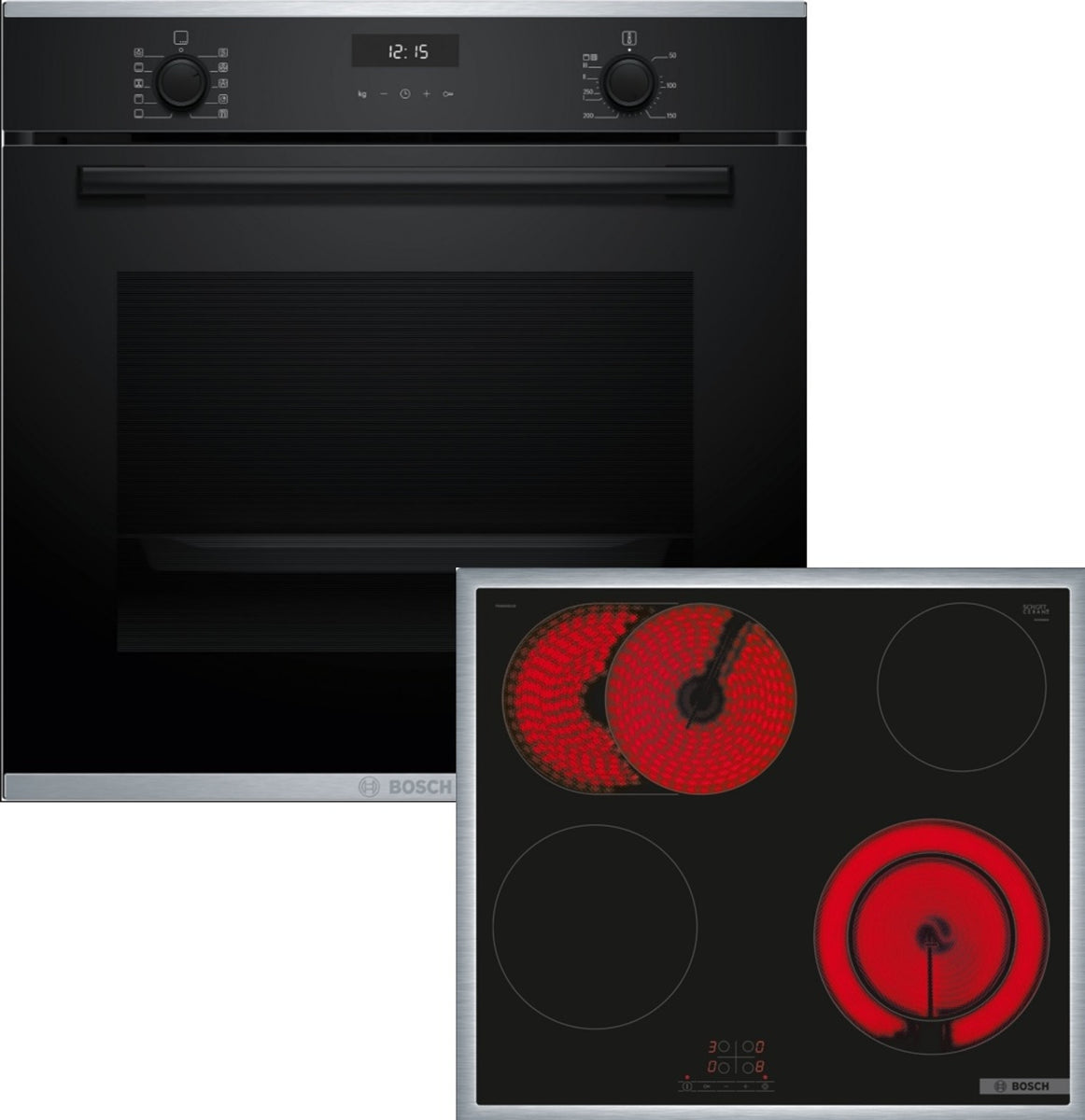 Bosch HBG237BB3 + PKN645BA2E, Zonen-Induktionskochfeld, 4 Zone(n), Glaskeramik, Schwarz, Berührung, 58,3 cm
