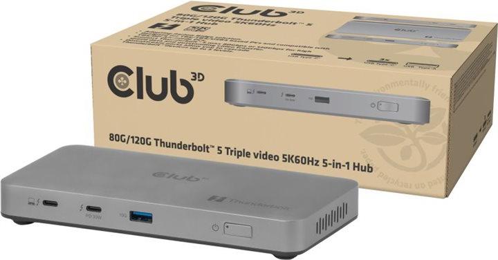 CLUB3D CSV-2563 5-1 Thunderbolt™ 5 Hub Triple video 5K60Hz Thunderbolt™ Share Certifi ed 180W, Thunderbolt 5, 100 W, Silber, 60 Hz, Thunderbolt 5, USB 3.2 Gen 2 (3.1 Gen 2) Type-A, 180 W