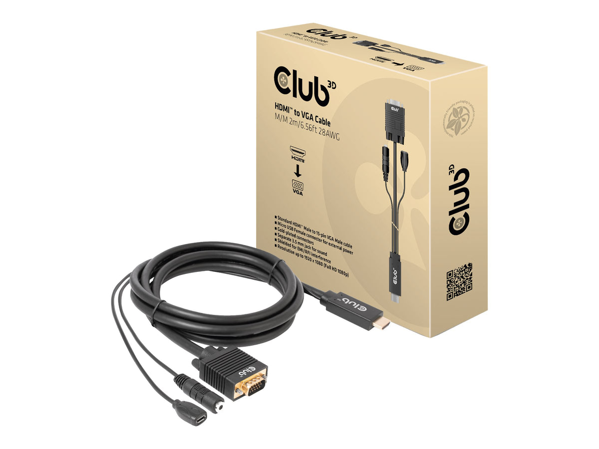 CLUB3D HDMI to VGA Cable M/M 2m/6.56ft 28AWG, 2 m, VGA (D-Sub) + 3.5mm, HDMI + Micro-USB, Stecker/Buchse, Stecker/Buchse, Gerade