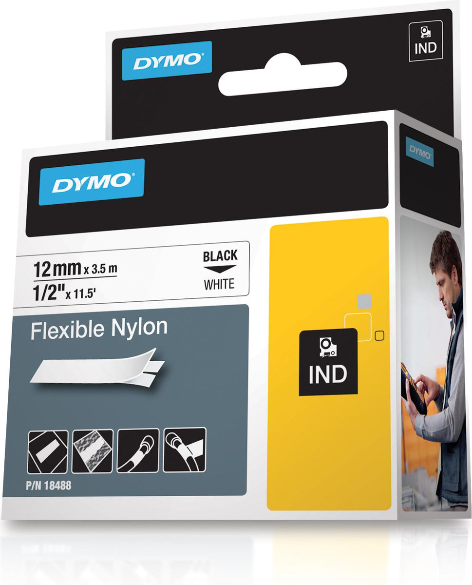 DYMO Rhino Industrie Nylonetiketten | flexibel | 12 mm x 3,5 m | schwarze Schrift auf weißem Untergrund | selbstklebendes Schriftband | für Rhino und LabelManager Beschriftungsgerät, Schwarz auf weiss, Schwarz, Nylon, Belgien, Nashorn, Rhino IND