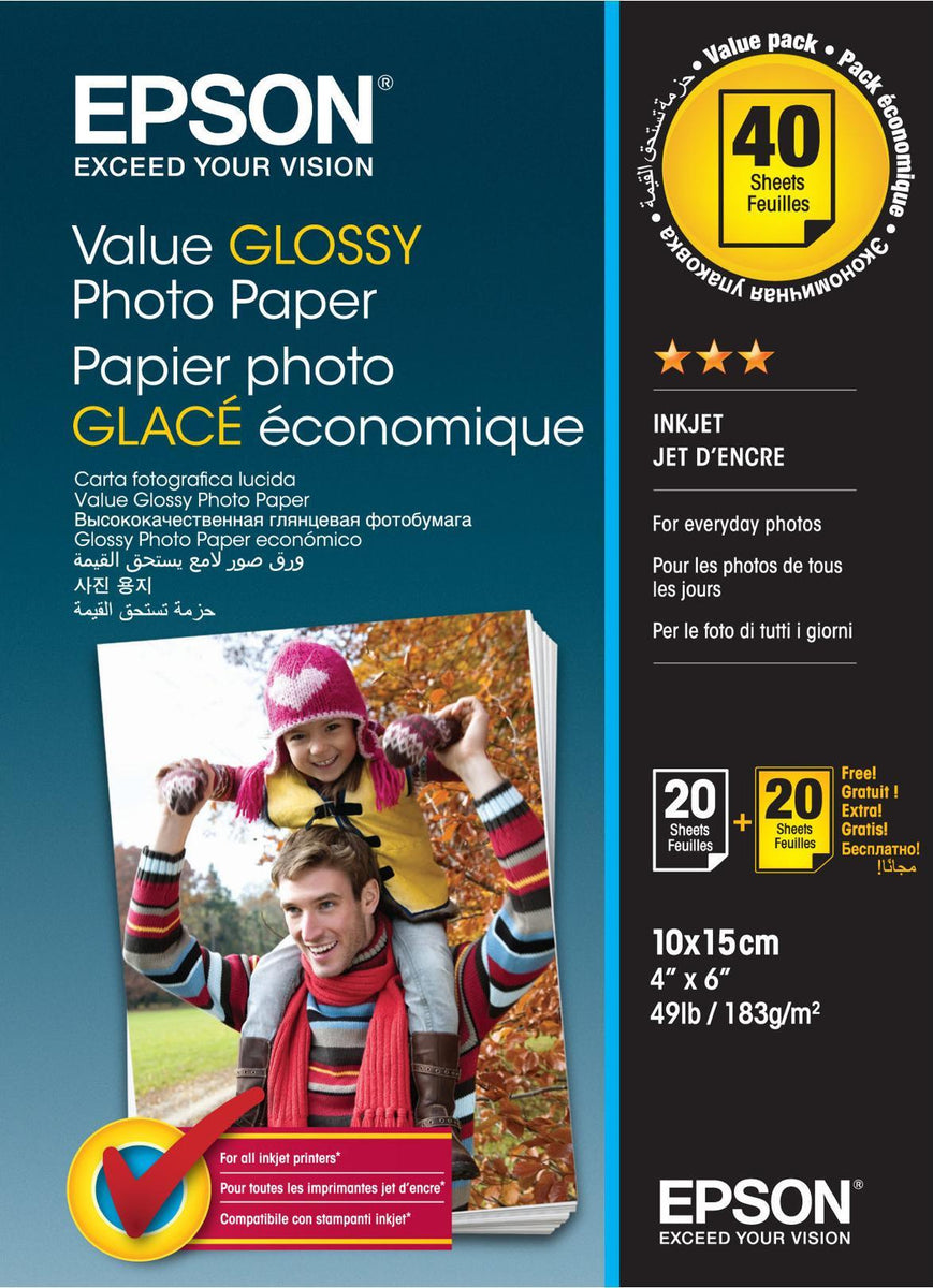 Epson Value Glossy Photo Paper - 10x15cm - 2x 20 Blätter (BOGOF), Glanz, 183 g/m², A4, 10x15 cm, Kalender, Cards and gift wraps, Daily use, Masks and party, Office printing, Photo collage, Photo..., 40 Blätter