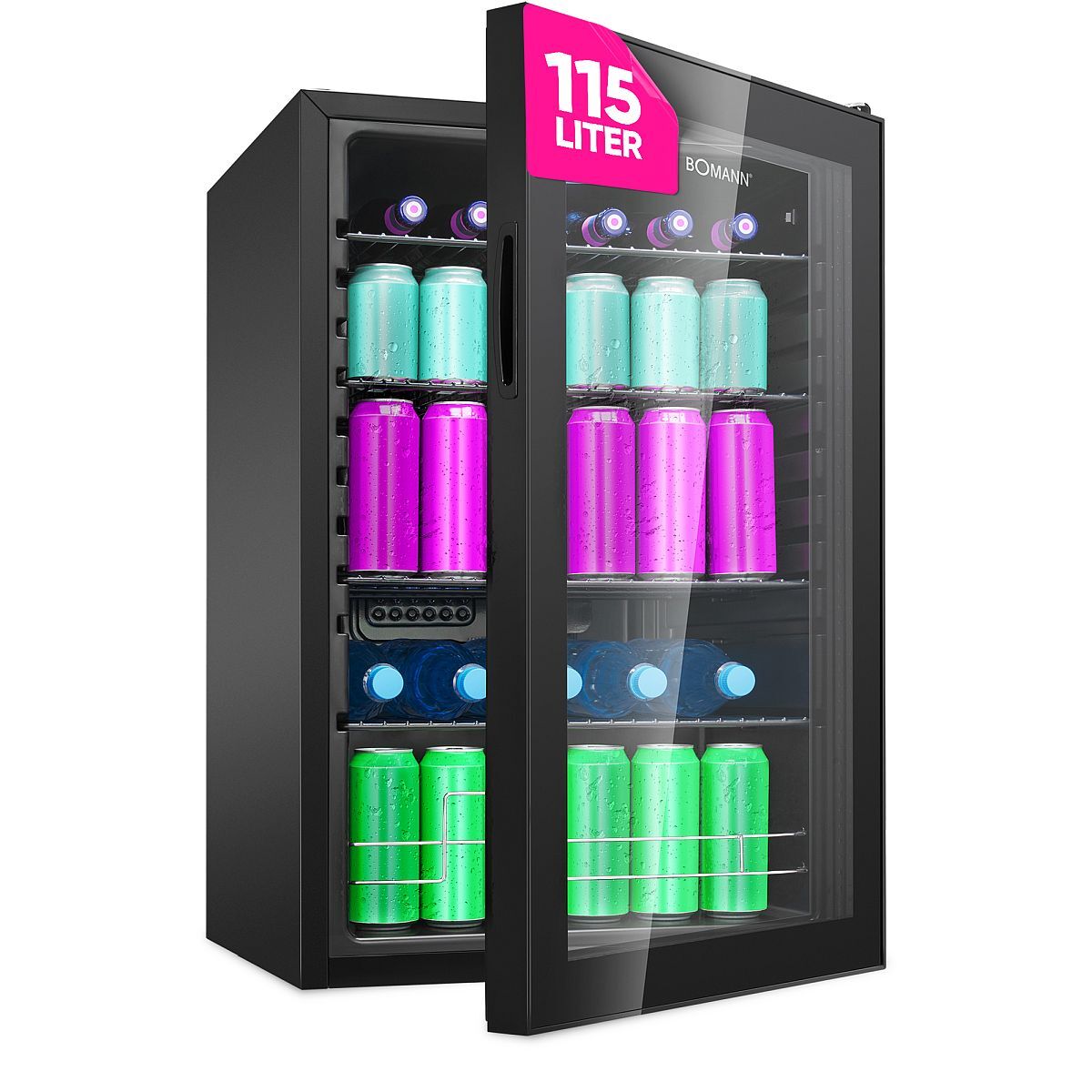 Bomann® Glastürkühlschrank | Platz für 178 Dosen | Sparsam und effizient | 4 Gitterablagen auf 6 Ebenen | Doppelverglaste Gerätetür | 39 dB | KSG 7290