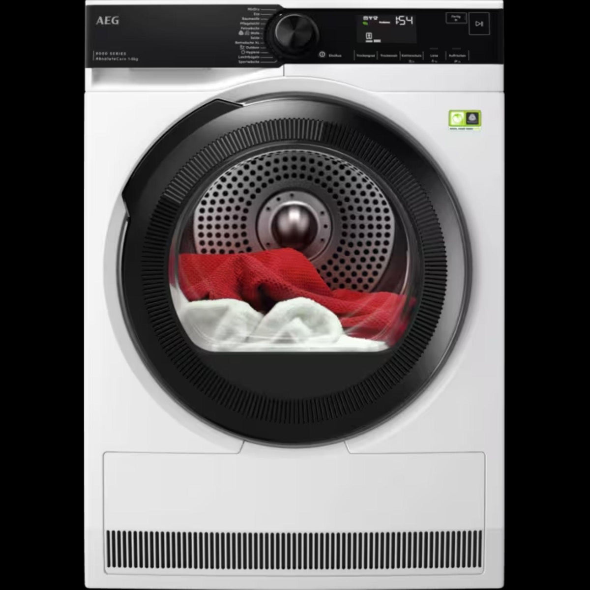 AEG Series 8000 TR8T75780, Freistehend, Frontlader, Wärmepumpe, Weiß, Drehregler, Berührung, Rechts