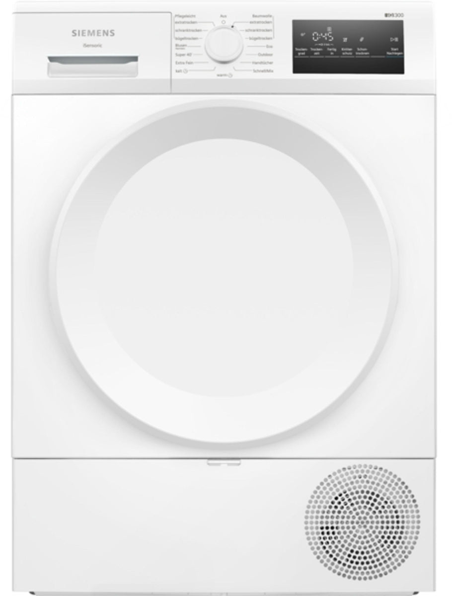 Siemens iQ300 WT43HV04, Freistehend, Frontlader, Kondensation, Weiß, Drehregler, Berührung, Rechts