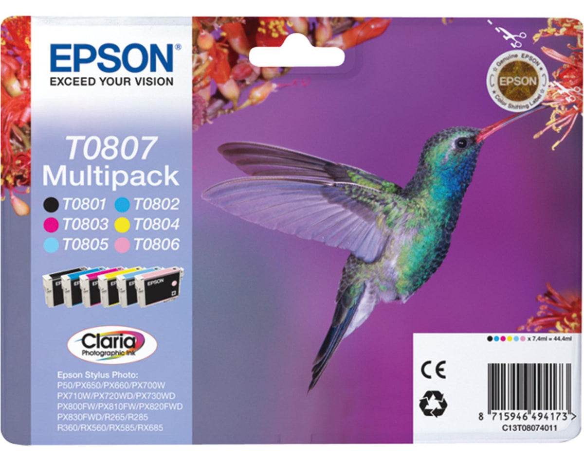 Epson Hummingbird Multipack 6 Farben T0807 Claria Photographic Ink, Standardertrag, Schwarz, Cyan, Helle Cyan, Helle Magenta, Magenta, Gelb, 7,4 ml, 1 Stück(e), Multipack