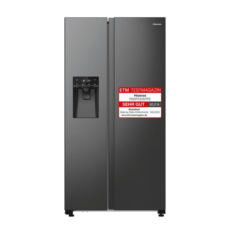 Hisense RS5P535NTFE Side-By-Side Kühl-Gefrier-Kombination, 376 Liter Kühlteil, 190 Liter Gefrierteil, Wasser-/Eisspender, Total NoFrost, Multi AirFlow, FastFreeze, schwarz