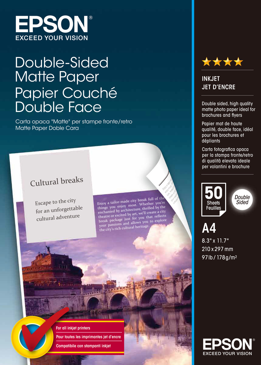 Epson Double-Sided Matte Paper - A4 - 50 Blätter, Matt, 178 g/m², A4, Weiß, Prospekt, Cards and gift wraps, Office printing, Photo collage, Photo gifts, Seasonal decorations..., 50 Blätter