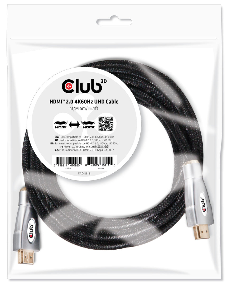 CLUB3D HDMI 2.0 4K60Hz UHD Kabel 5 meter, 5 m, HDMI Typ A (Standard), HDMI Typ A (Standard), 3D, 18 Gbit/s, Schwarz