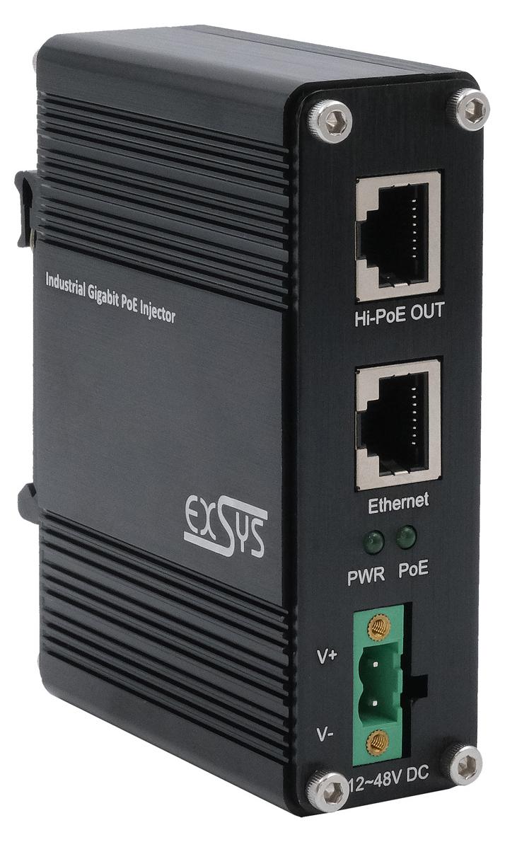 EXSYS PoE++ Gigabit Injektor 60W, -40°C bis +80°C, Gigabit Ethernet, 10,100,1000 Mbit/s, 10/100/1000, IEEE 802.3af, IEEE 802.3at, IEEE 802.3bt, Schwarz, Metall