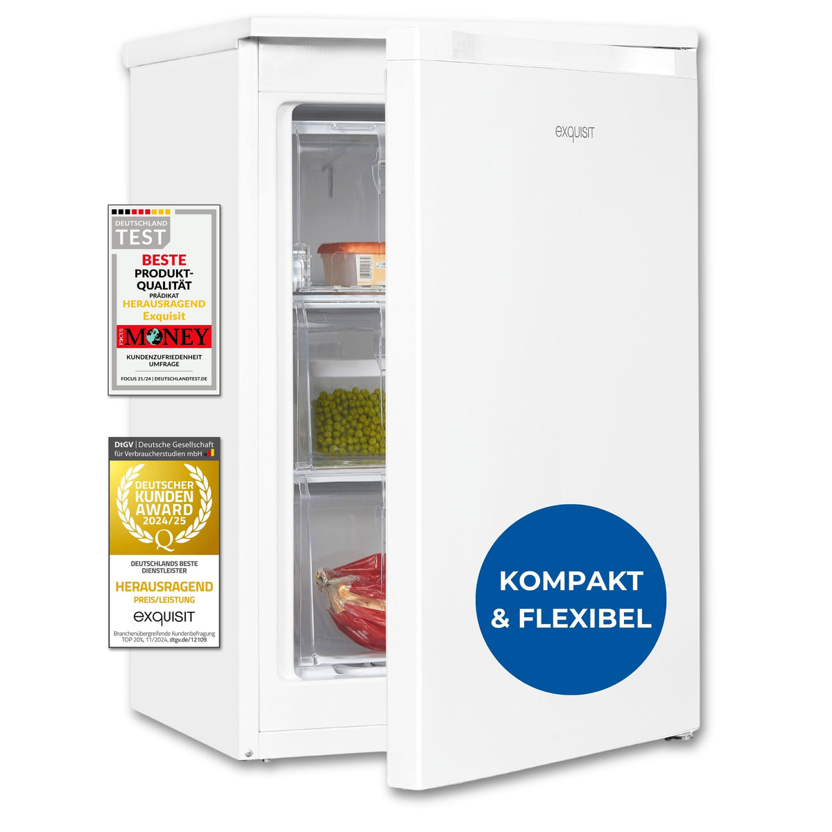 Exquisit Gefrierschrank, Tiefkühlschrank, 85 Liter, 4-Sterne-Gefrieren, klein, kompakt, 2 Gefrierschubladen, 1 Gefrierfach, GS81-050C weiss