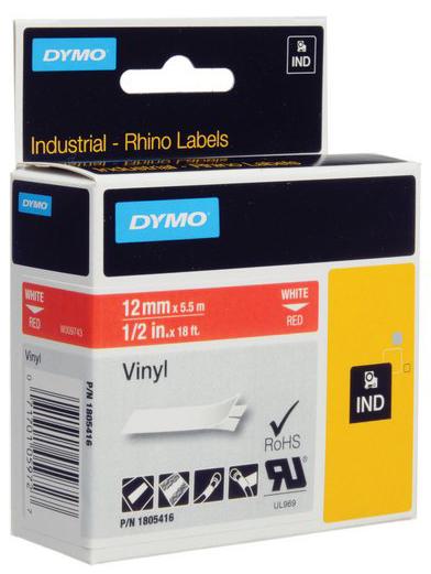 DYMO Rhino-Industrie-Vinyletiketten | 12 mm x 5,5 m | weiß auf rot | selbstklebendes Schriftband | für Rhino und LabelManager Beschriftungsgerät, Weiss auf Rot, Mehrfarbig, Vinyl, -40 - 80 °C, UL 969, DYMO