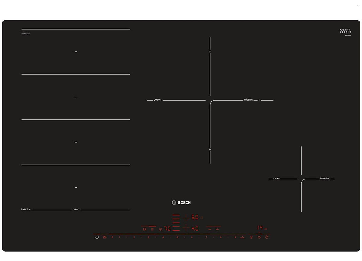 Bosch PXE801DC1E, Schwarz, Integriert, Zonen-Induktionskochfeld, Glaskeramik, 4 Zone(n), 4 Zone(n)