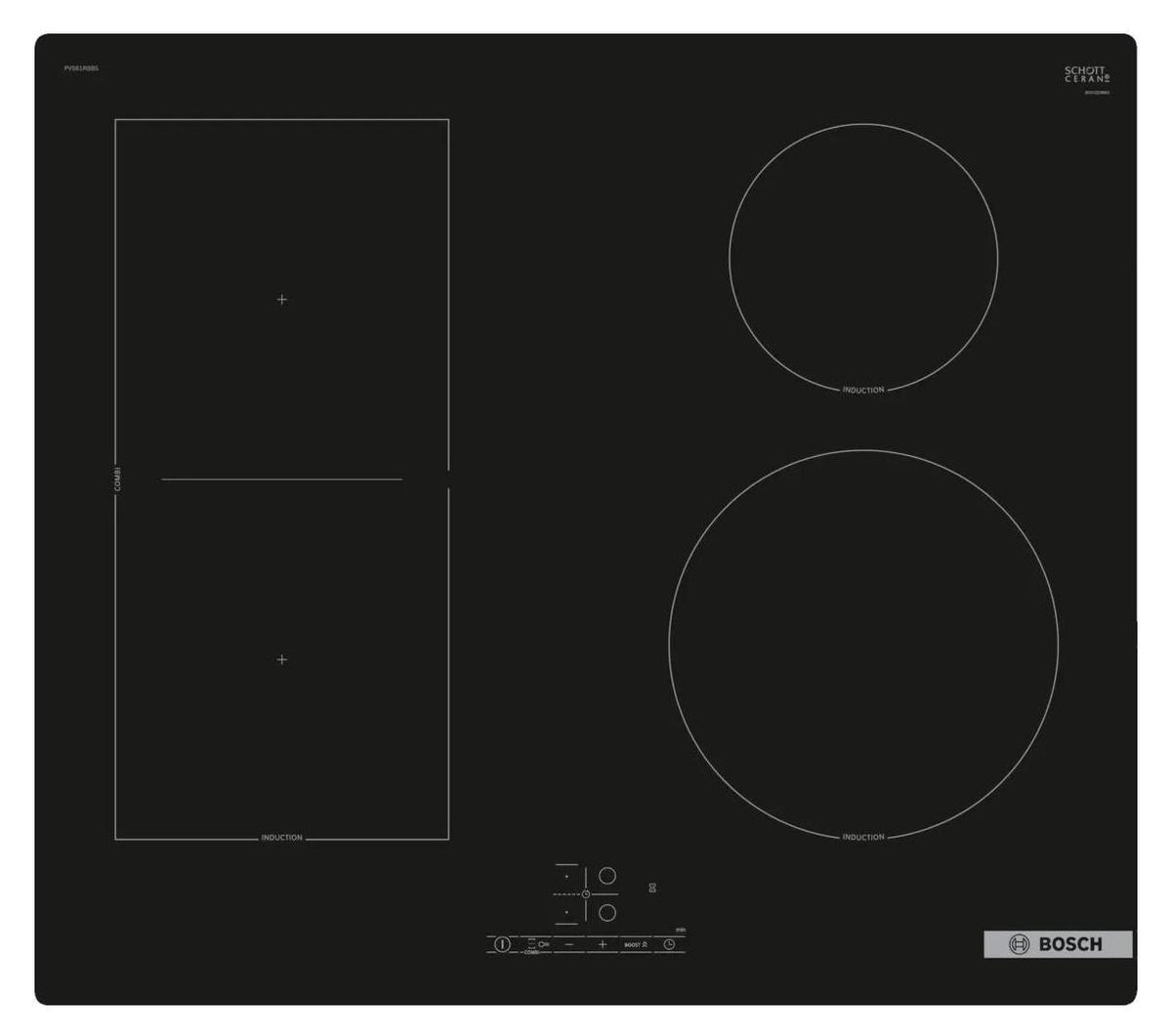 Bosch Serie 4 PVS61RBB5E, Schwarz, Integriert, 60 cm, Zonen-Induktionskochfeld, Glaskeramik, 4 Zone(n)
