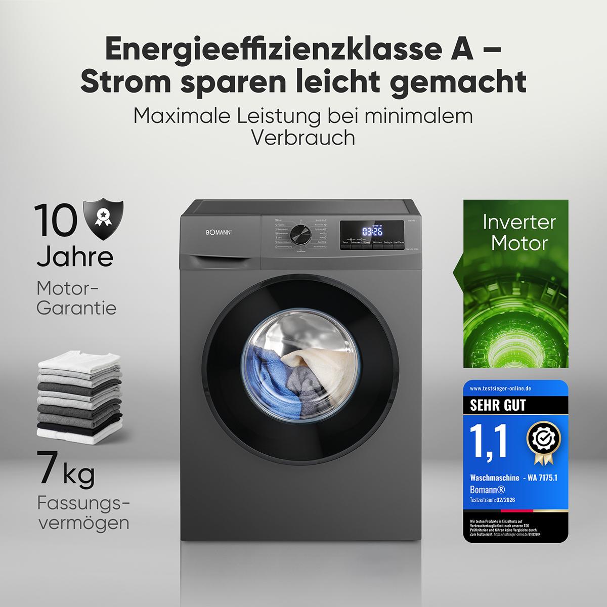 Bomann® Waschmaschine 7kg |  Invertermotor - effizient, leise & langlebig | max. 1400 U/min | LED-Display | 15 Programme | WA 7175.1 titan