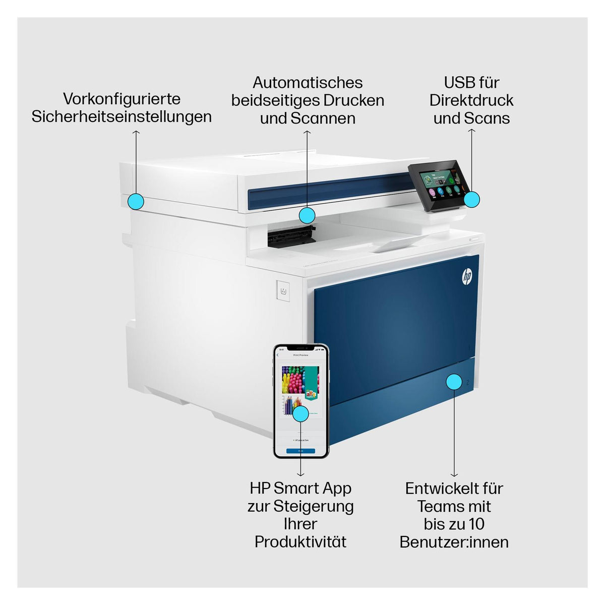 HP Color LaserJet Pro MFP 4302fdn Drucker, Laser, Farbdruck, 600 x 600 DPI, A4, Direktdruck, Blau, Weiß