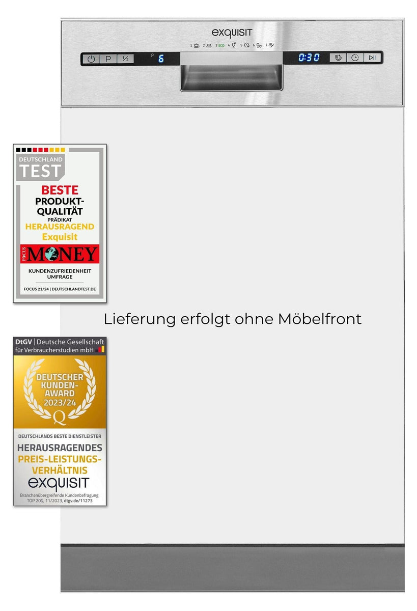 Exquisit Geschirrspüler EGSP2109-EB-030E inox | Spülmaschine 45 cm | Maßgedecke: 9 | Restlaufzeiten Anzeige | Einbaugerät