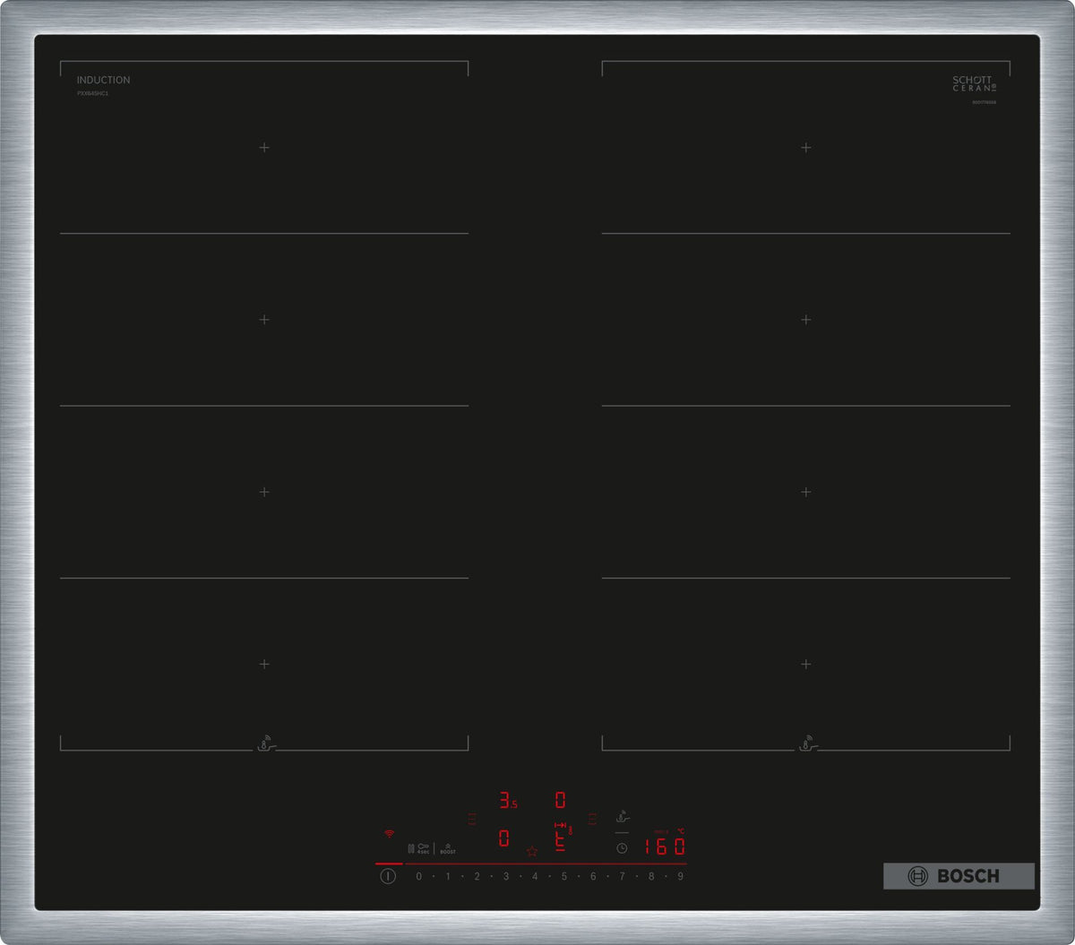 Bosch Serie 6 PXX645HC1E, Schwarz, Integriert, 60 cm, Zonen-Induktionskochfeld, Glaskeramik, 4 Zone(n)