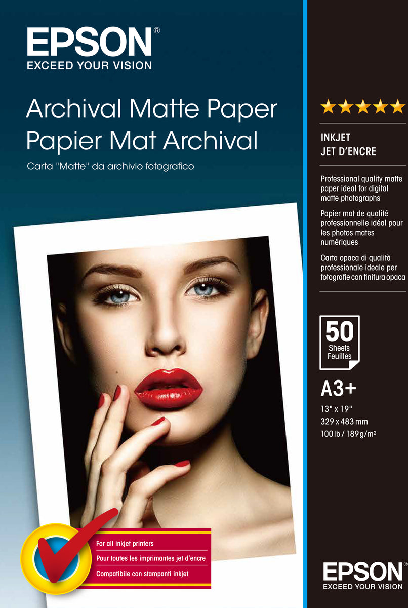 Epson Archival Matte Paper A3+, 50 Blatt, 189 g/m2, Tintenstrahldrucker, A3+ (330x483 mm), Matt, 50 Blätter, 192 g/m², Weiß