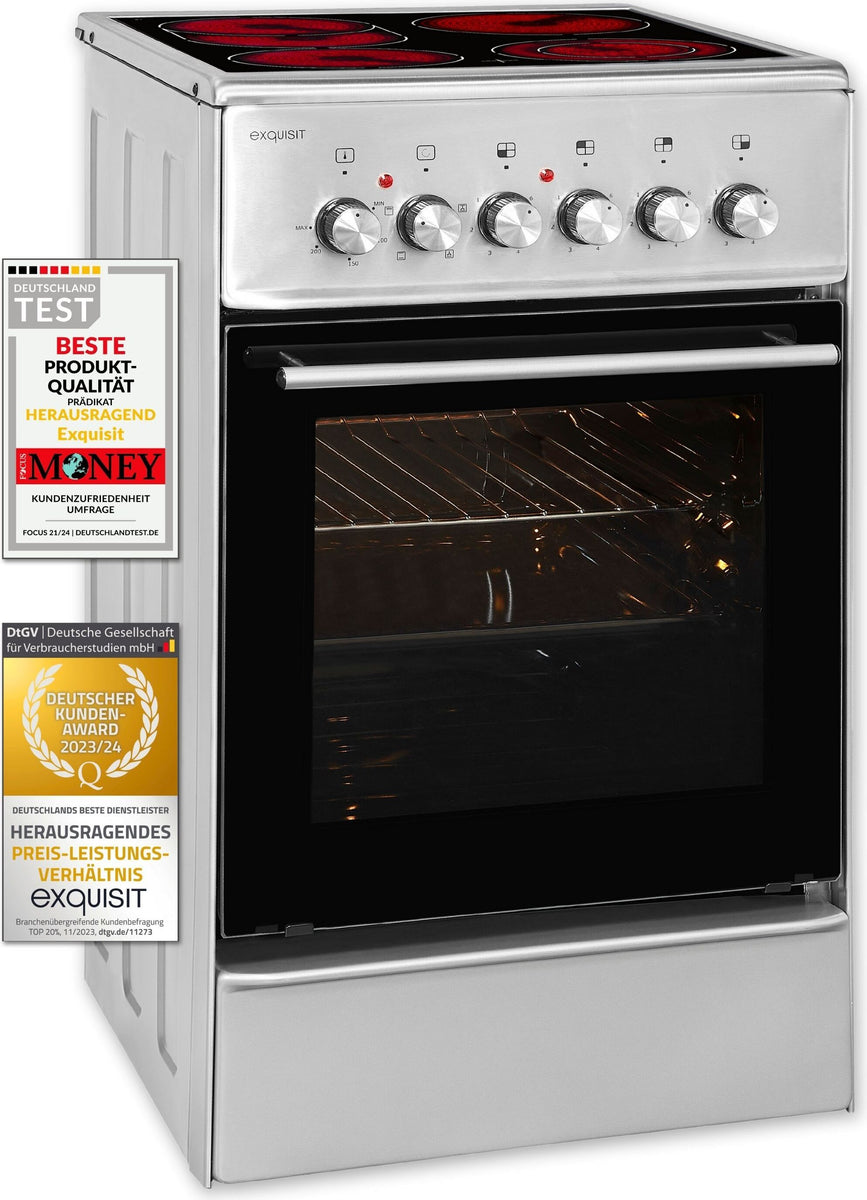 Exquisit ECM 5-4 Inox Elektro-Standherd | Glaskeramik | Ober- / Unterhitze | Grill | Umluft | Inox