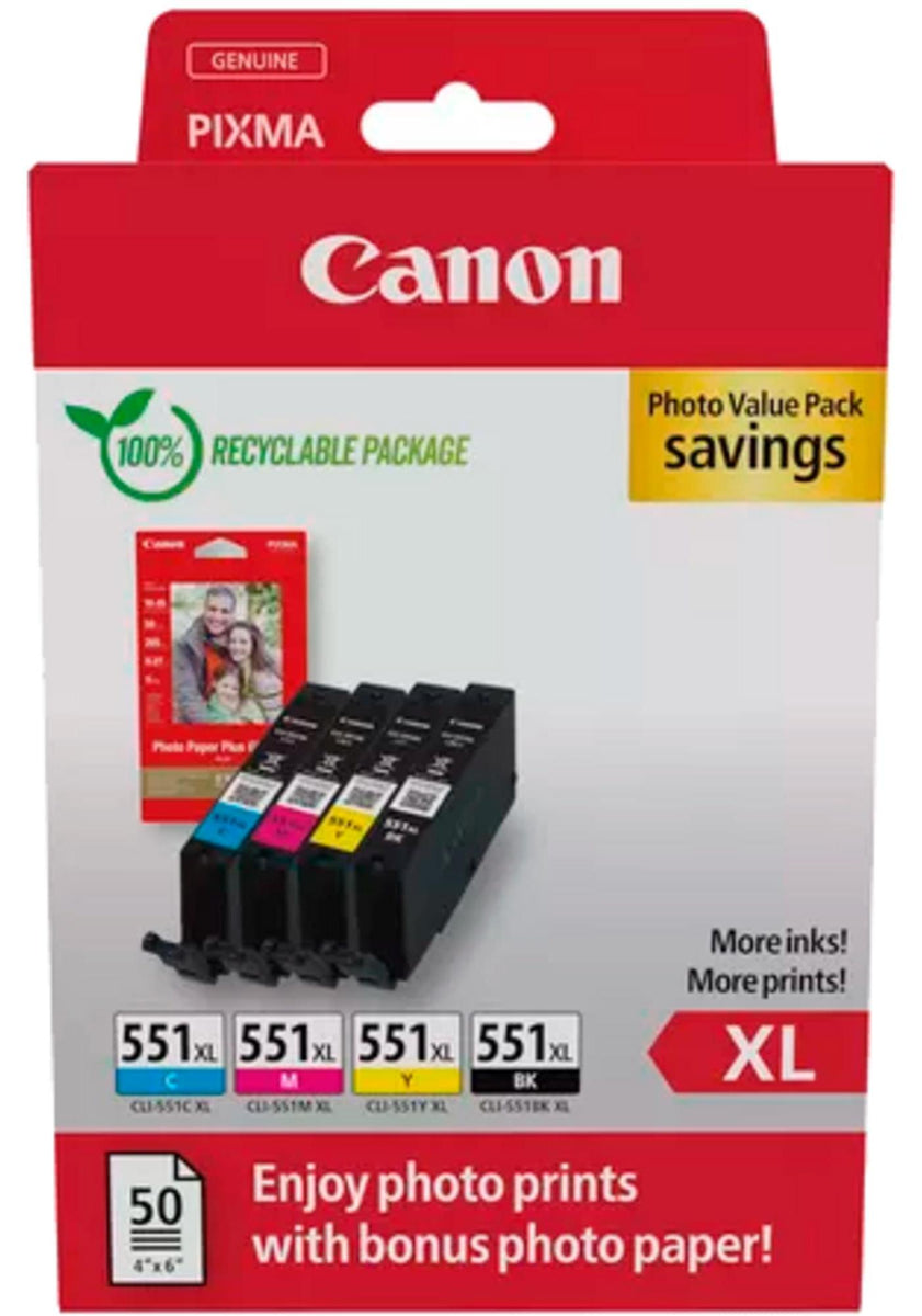 Canon CLI-551XL BK/C/M/Y Photo Value Pack, Hohe (XL-) Ausbeute, Schwarz, Cyan, Magenta, Gelb, 4 Stück(e), Multipack