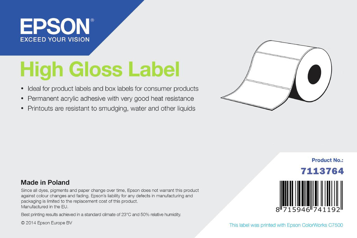 Epson High Gloss Label, Selbstklebendes Druckeretikett, Etikettenrolle, Rolle, Tintenstrahl, Acryl, Permanent