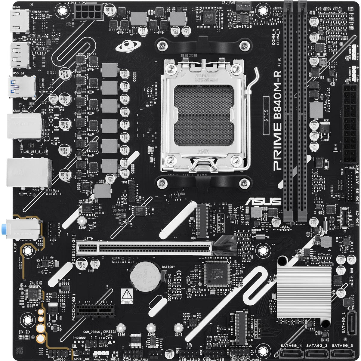 ASUS PRIME B840M-R, AMD, Sockel AM5, AMD Ryzen 9000 Series, AMD Ryzen 8000 Series, AMD Ryzen 7000 Series, DDR5-SDRAM, 128 GB, DIMM