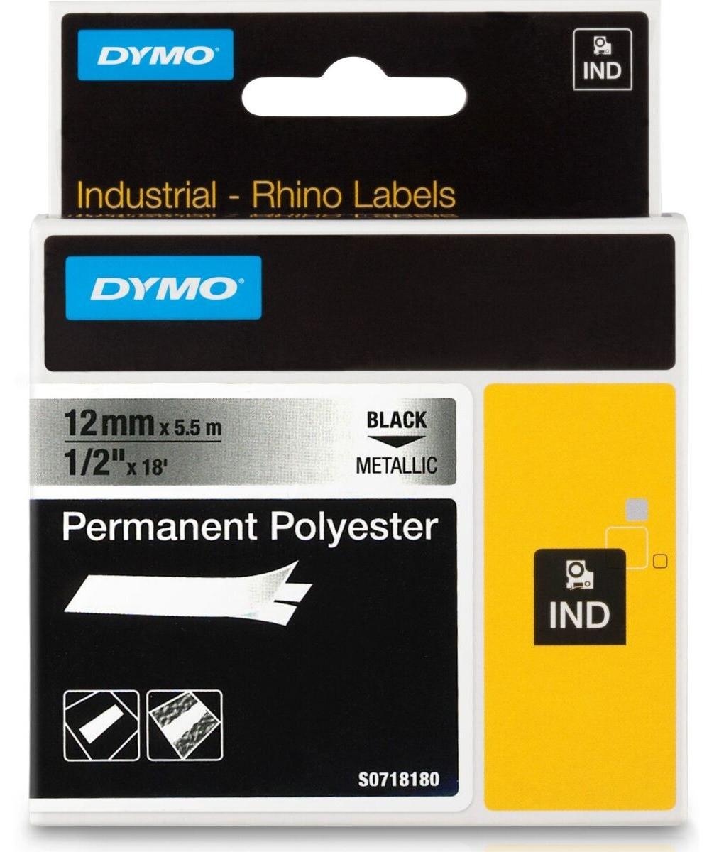 DYMO Rhino Industrie Permanente Polyesteretiketten | 12 mm x 5,5 m | Schwarz auf Metallic | selbstklebendes Schriftband | für Rhino und LabelManager Beschriftungsgerät, Schwarz auf Metallic, Mehrfarbig, Polyester, -40 - 150 °C, UL 969, DYMO