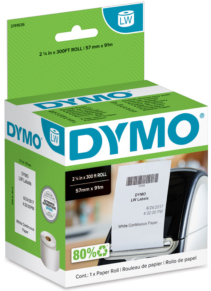 DYMO Original LabelWriter Endlosetiketten | 57 mm x 91 Meter (2 1/4 Zoll x 300 Fuß) | Etiketten für LabelWriter Etikettendrucker | 1 Rolle, Nicht klebendes Druckeretikett, DYMO, Belgien
