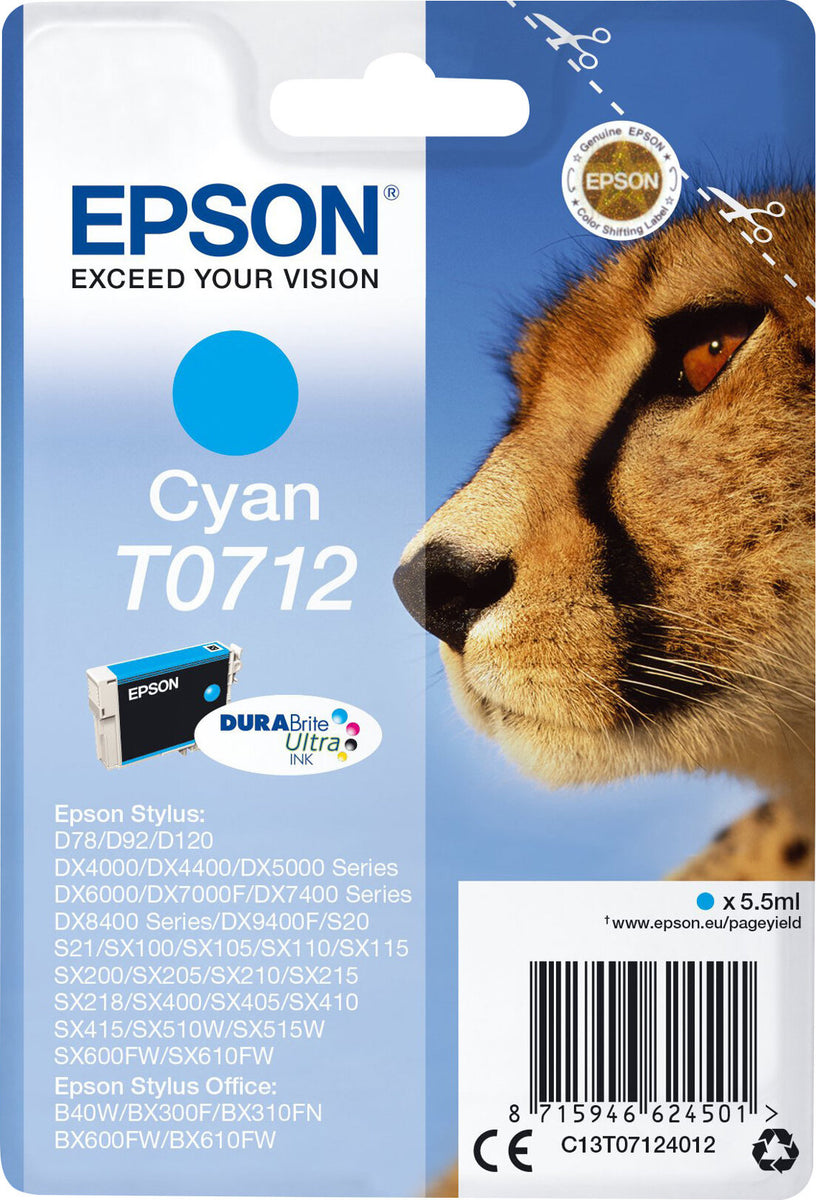 Epson Singlepack Cyan T0712 DURABrite Ultra Ink, Standardertrag, Cyan, 5,5 ml, 1 Stück(e), Einzelpackung