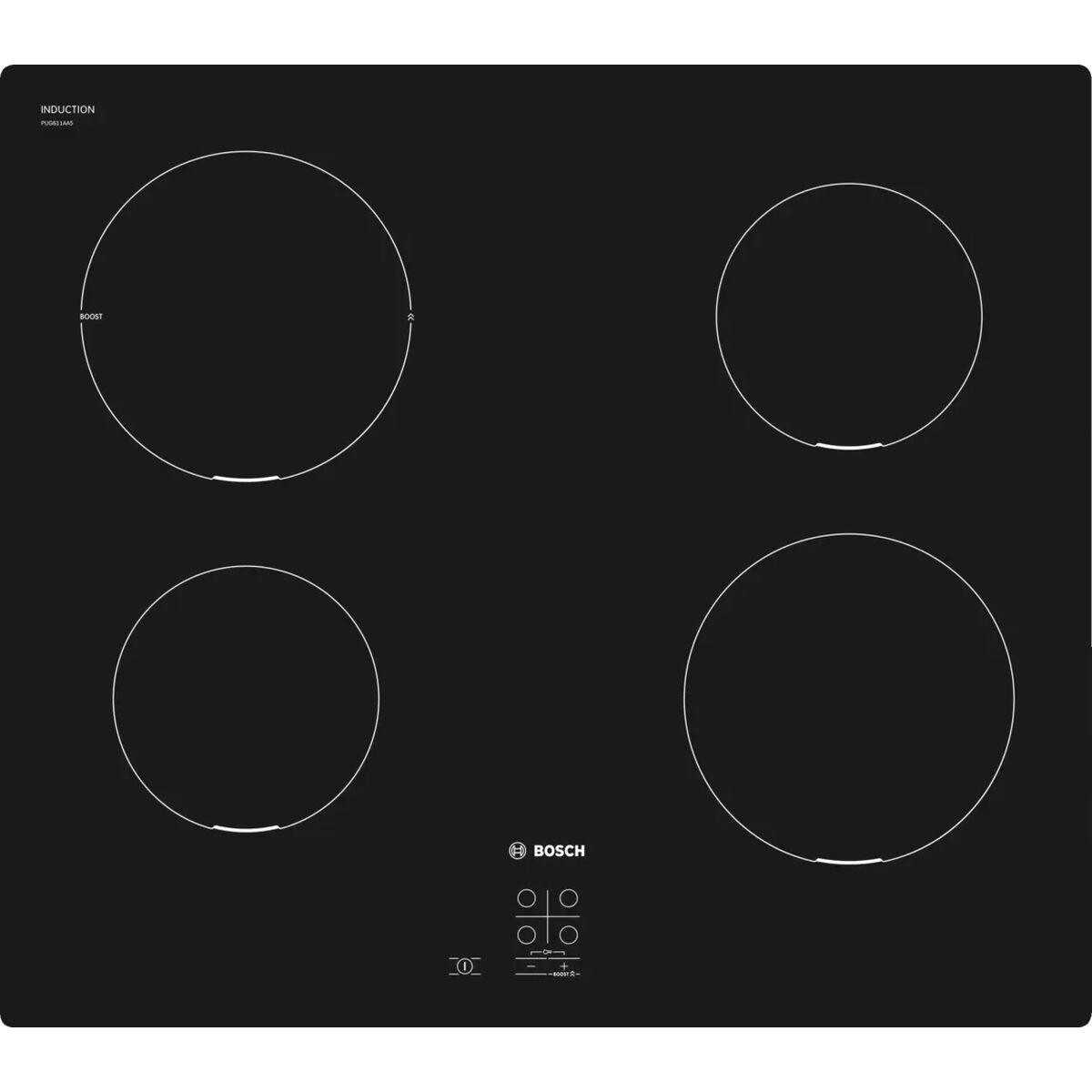 Bosch Serie 2 PUG611AA5E, Schwarz, Integriert, 60 cm, Zonen-Induktionskochfeld, Glaskeramik, 4 Zone(n)