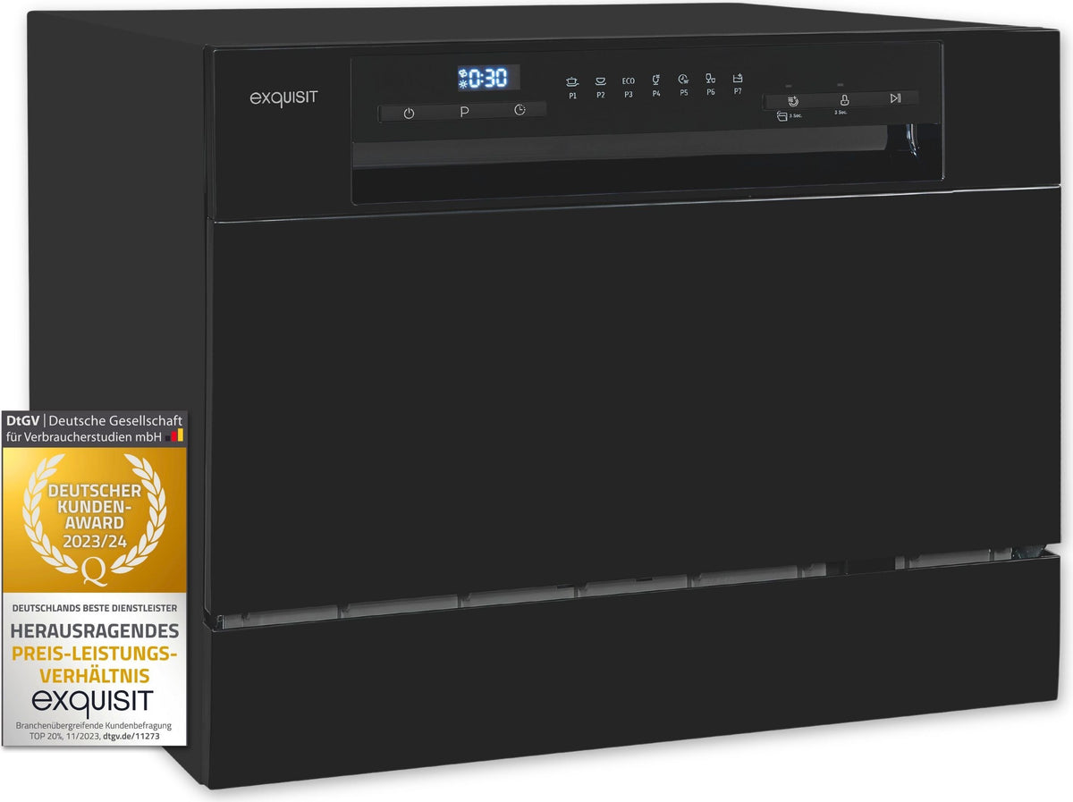 Exquisit Geschirrspüler GSP206-030D schwarz | Spülmaschine 55 cm | Maßgedecke: 6 Restlaufzeiten Anzeige | Standgerät