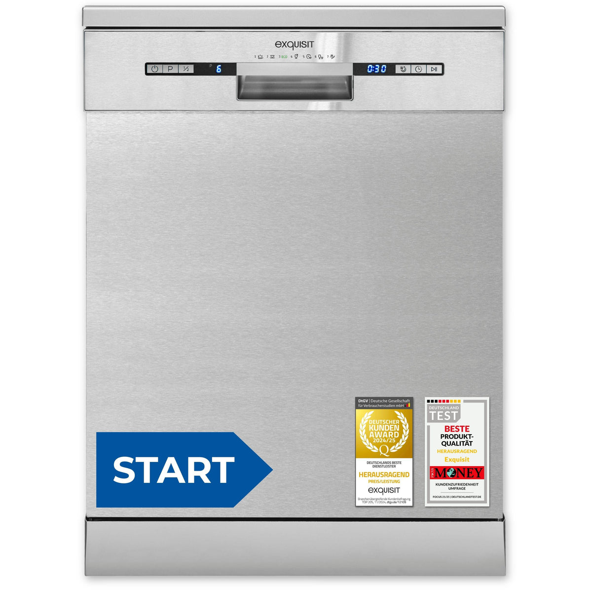 Exquisit START Geschirrspüler 60 cm, 13 Maßgedecke, Unterbaufähig, 11 Liter, Startzeitvorwahl, Restlaufanzeige, 7 Spülprogramme, GSP9313-030E inox