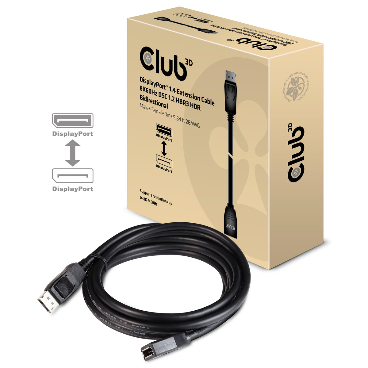 CLUB3D DisplayPort 1.4 Extension Cable 8K60Hz DSC 1.2 HBR3 HDR Bidirectional M/F 3m/9.84ft, 3 m, DisplayPort, DisplayPort, Stecker, Buchse, 7680 x 4320 Pixel
