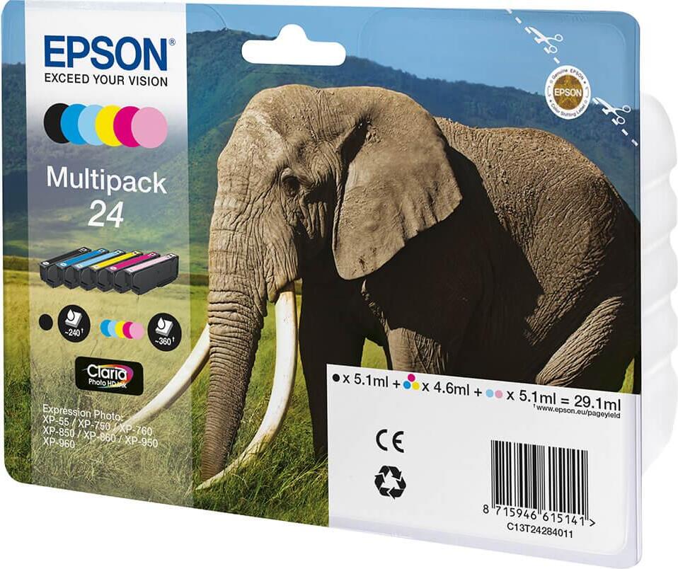 Epson Elephant Multipack 6 Farben 24 Claria Photo HD Ink, Standardertrag, Schwarz, Cyan, Helle Cyan, Helle Magenta, Magenta, Gelb, 5,1 ml, 1 Stück(e), Multipack