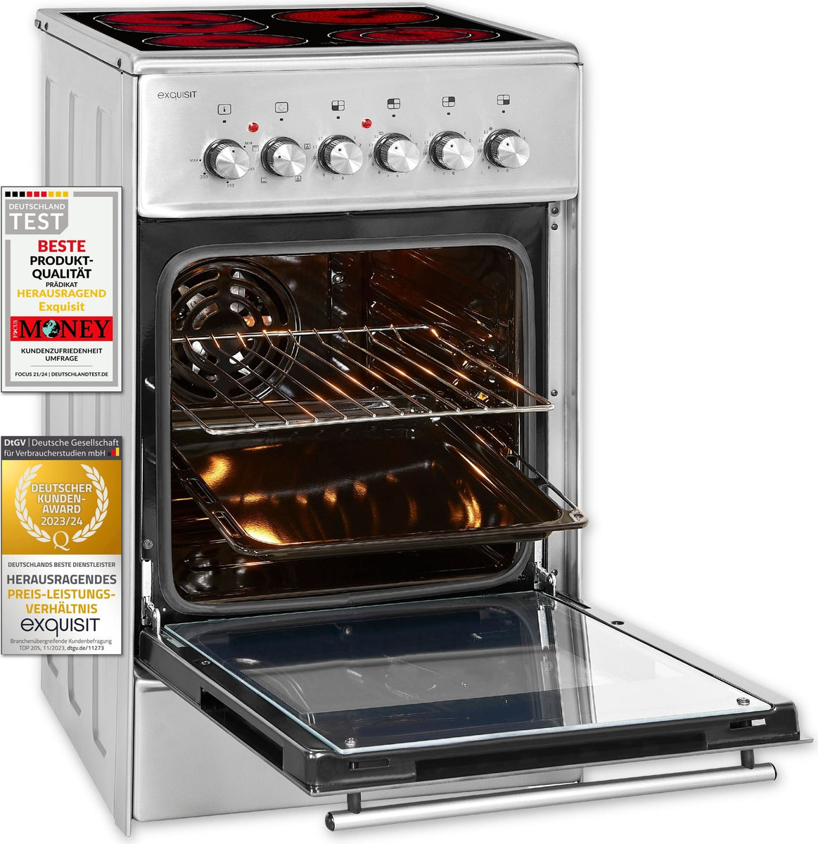 Exquisit ECM 5-4 I BZ Elektro-Standherd Glaskeramik | 4 Kochstellen | Bräter-u. Zweikreiszone |Grill, Umluft | Inox
