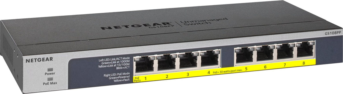NETGEAR GS108PP, Unmanaged, Gigabit Ethernet (10/100/1000), Vollduplex, Power over Ethernet (PoE), Rack-Einbau, Wandmontage