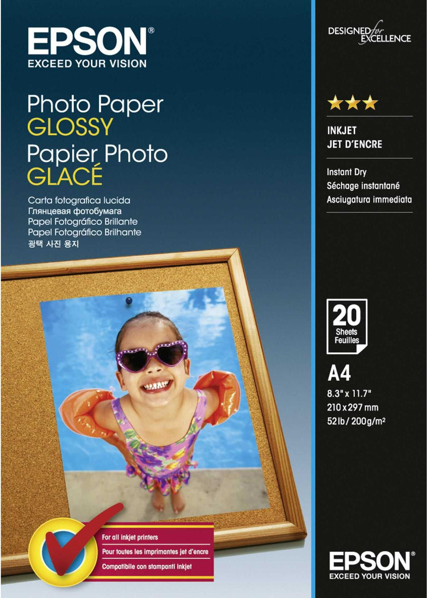 Epson Photo Paper Glossy - A4 - 20 Blätter, Glanz, 200 g/m², A4, Weiß, Kalender, Cards and gift wraps, Daily use, Masks and party, Office printing, Photo collage, Photo..., 20 Blätter