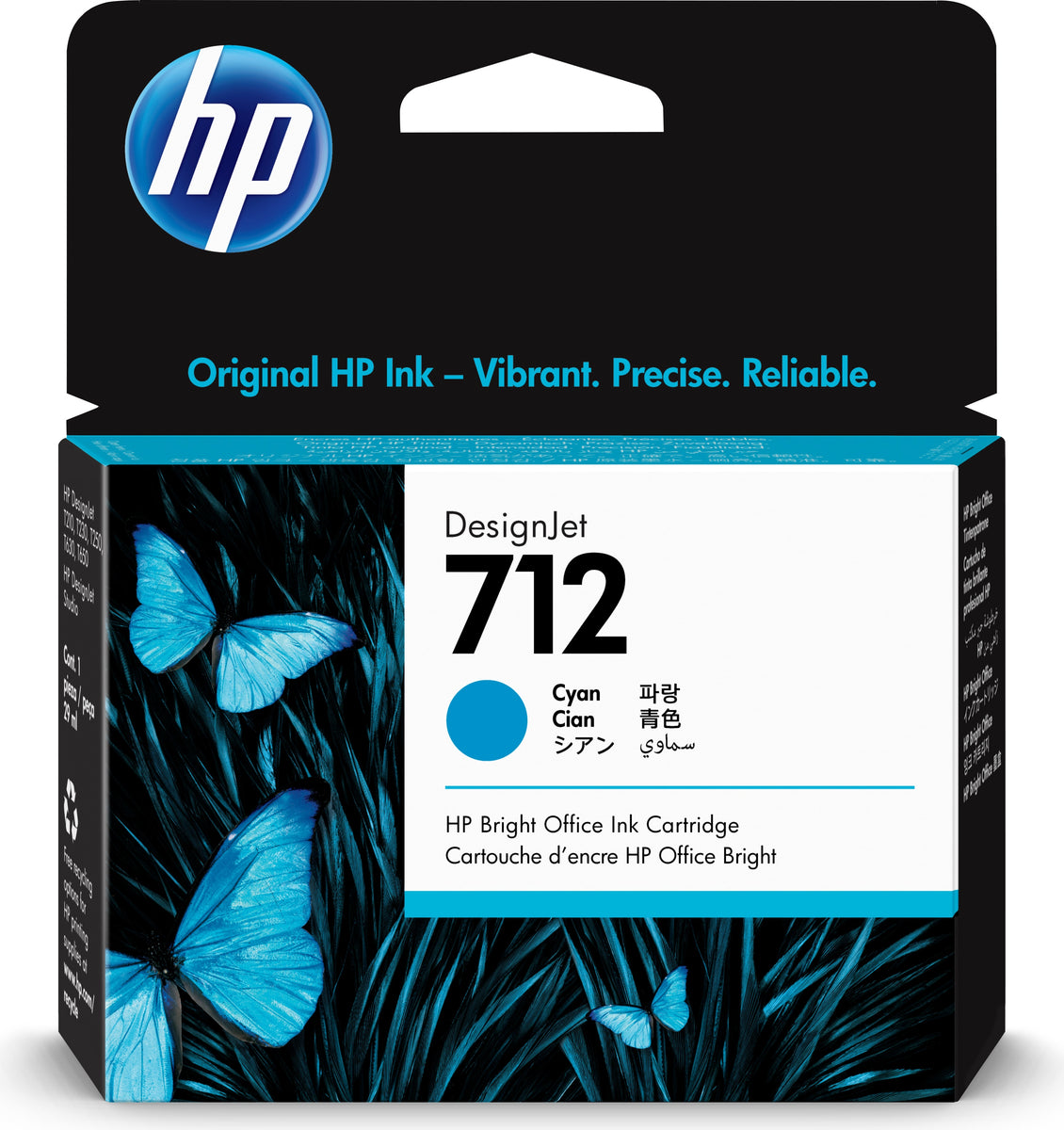 HP 712 Cyan DesignJet Druckerpatrone, 29 ml, HP DesignJet T210, T230, T250, T630, T650 Druckerserie, Thermal Inkjet, Cyan, Singapur, Malaysia, 114 mm, 25 mm