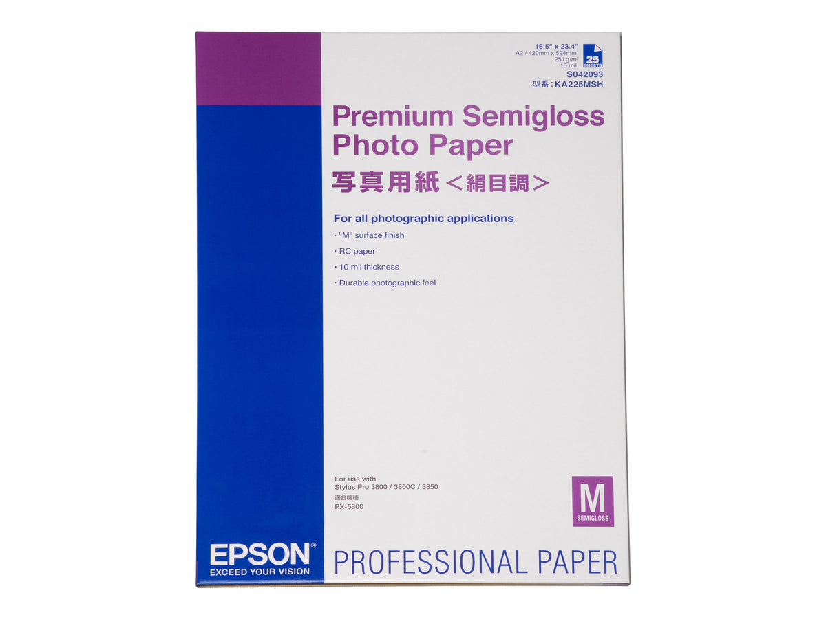 Epson Premium Semigloss Photo Paper, DIN A2, 250 g/m2, 25 Blatt, Halb-Glanz, 250 g/m², A2, RC/PE, 25 Blätter, 96%