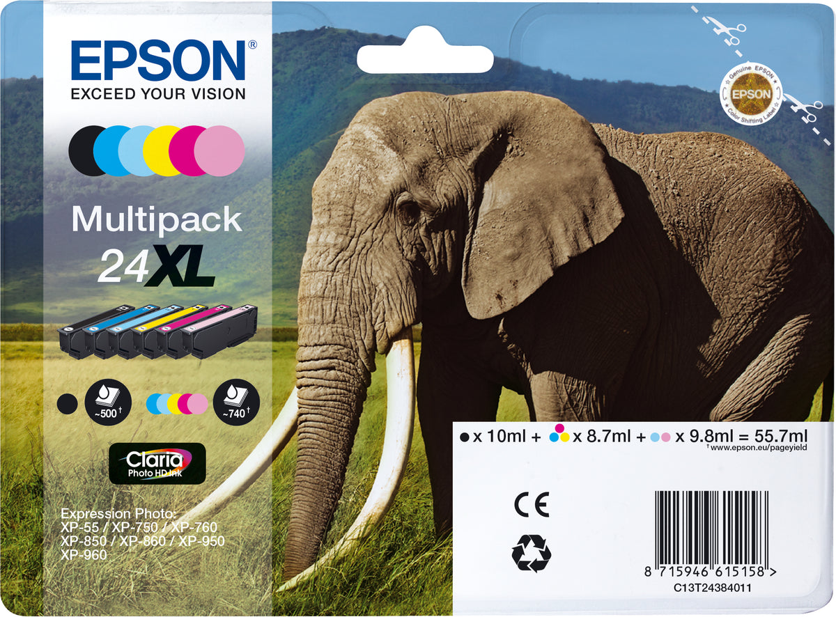 Epson Elephant 24XL Elefant Claria Photo HD Multipack 6 Farben Tinte, High (L) Yield, Schwarz, Cyan, Helle Cyan, Magenta, Helle Magenta, Gelb, 10 ml, 8,7 ml, 1 Stück(e), Multipack