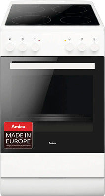 Amica SHC 903 031 W, Freistehender Herd, Weiß, Drehregler, Sensor, Weiß, Vorderseite, Emaille