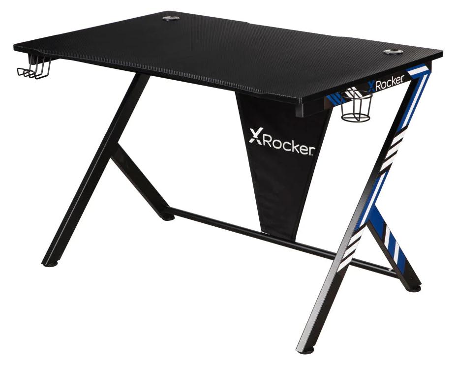 X Rocker Ocelot Aluminium Carbon Gaming Tisch mit Stickern in Rot & Blau, Gerade, Rechteckige Form, Stahl, Stahl, Gaming, Schwarz, Blau, Rot
