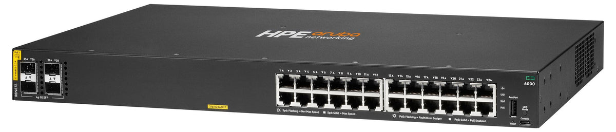 HPE Aruba Networking CX 6000 24p 10M/100M/1G Class4 PoE 4p SFP 1G 370W Switch, Managed, L3, Gigabit Ethernet (10/100/1000), Power over Ethernet (PoE), Rack-Einbau, 1U