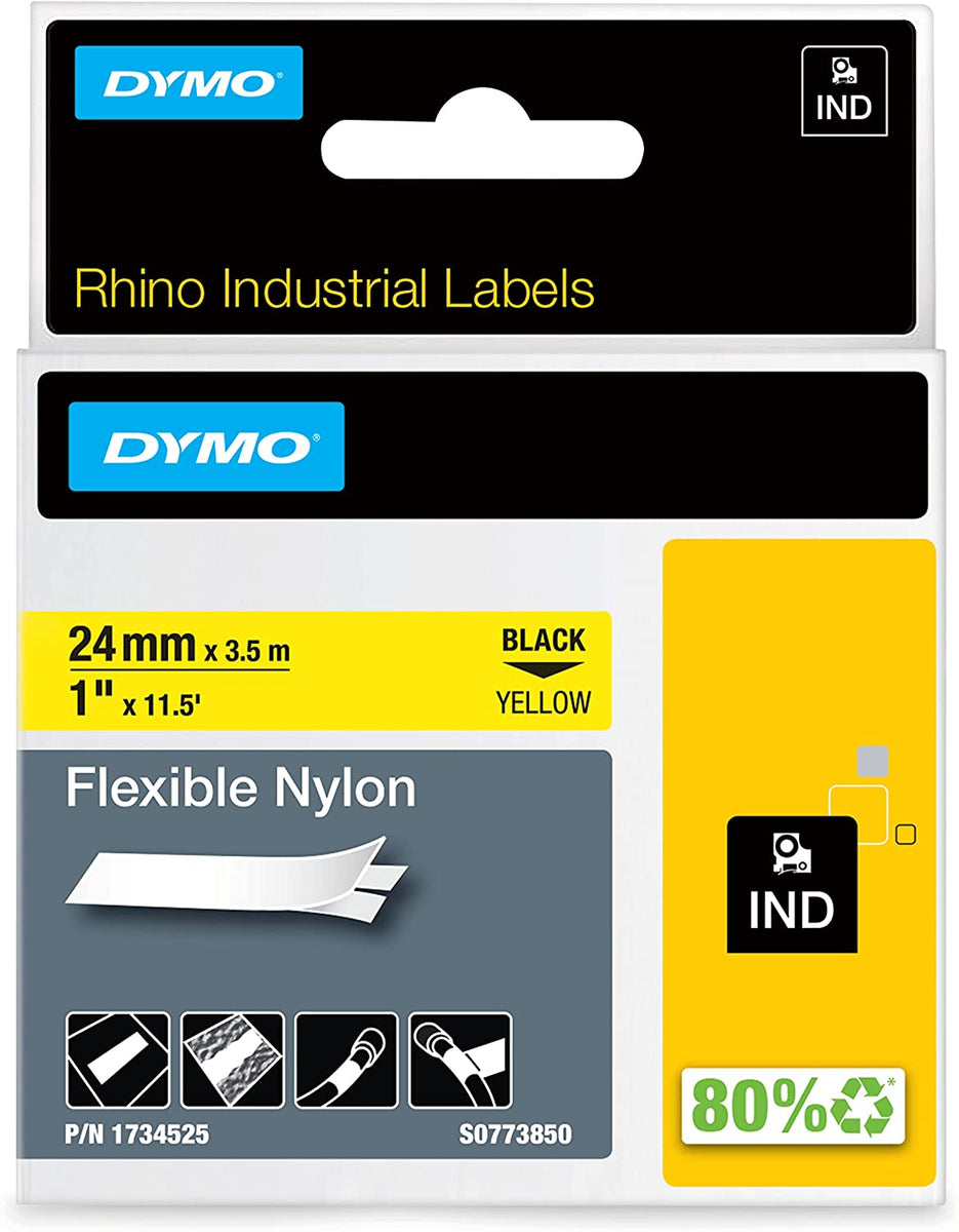 DYMO Rhino Industrie Nylonetiketten | flexibel | 24 mm x 3,5 m | schwarz auf gelbe | selbstklebendes Schriftband | fur Rhino und LabelManager Beschriftungsgerät, D1, Nylon, Belgien, 3,5 m, 1 Stück(e), 37 mm