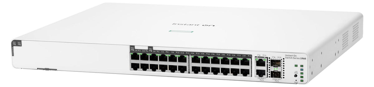 HPE Aruba Networking Networking Instant On Switch 20p Gigabit CL4 4p Gigabit CL6 PoE 2p 10GBT 2p SFP+ 370W 1960, Managed, L2+, Gigabit Ethernet (10/100/1000), Power over Ethernet (PoE), Rack-Einbau, 1U