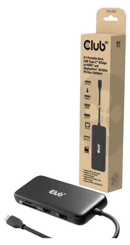 CLUB3D 8-1 Portable Dock USB Type-C® 10Gbps to HDMI™ and DisplayPort™ 8K30Hz PD Max.100Watt, Kabelgebunden, USB Typ-C, 100 W, 1.4/2.2, 10,100,1000 Mbit/s, Schwarz